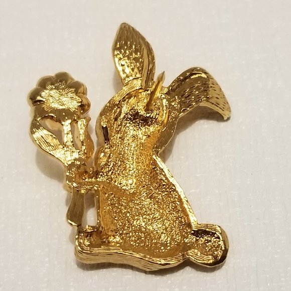 Vtg goldtone Avon bunny pin w pink enamel rhinestone flower - Picture 8 of 9